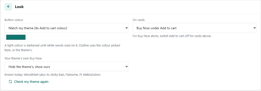 The &ldquo;Look&rdquo; panel: button colour, where it sits on cards, and your theme's own Buy Now