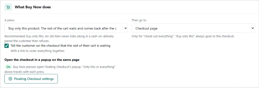 The &ldquo;What Buy Now does&rdquo; panel: only this product or everything, where it goes, the checkout line and the popup