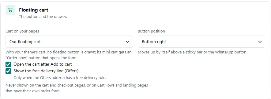 The &ldquo;Floating cart&rdquo; panel: which cart, the button position and two ticks