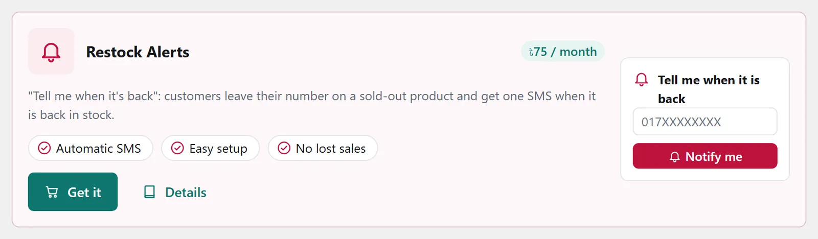 An add-on's card on the Add-ons page: price, short description, Get it and Details