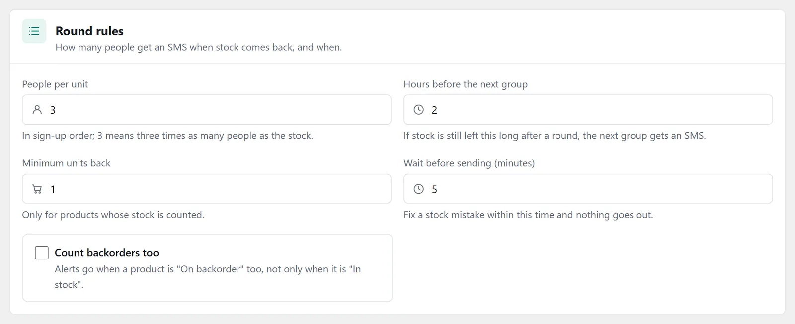 The “Round rules” panel: people per unit, when the next group goes, and the wait before sending